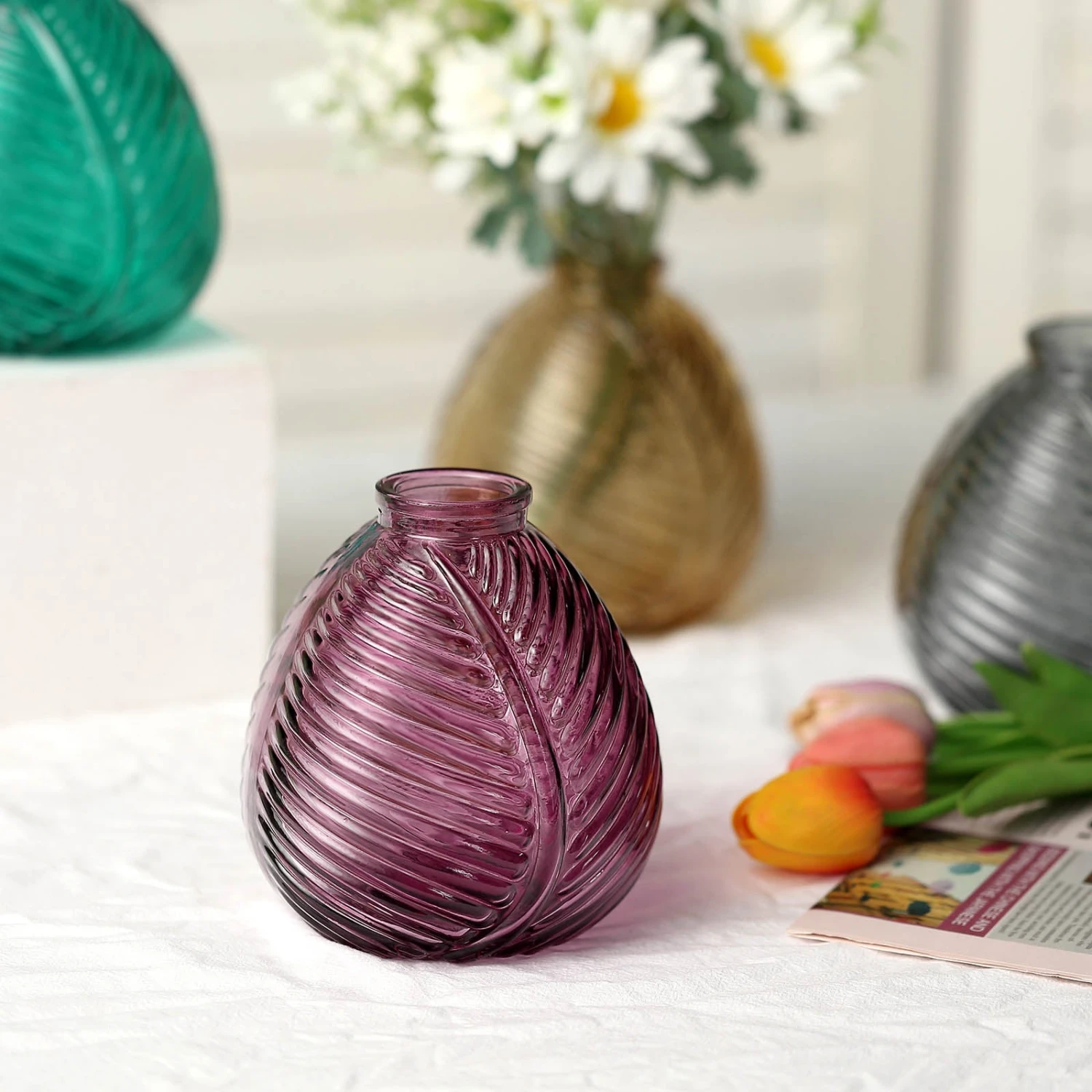4 Pack Embossed Glass Bud Vases, Round Embossed Leaf Flower Vases 5" 8 4 Pack Embossed Glass Bud Vases, Round Embossed Leaf Flower Vases 5" - Image 8