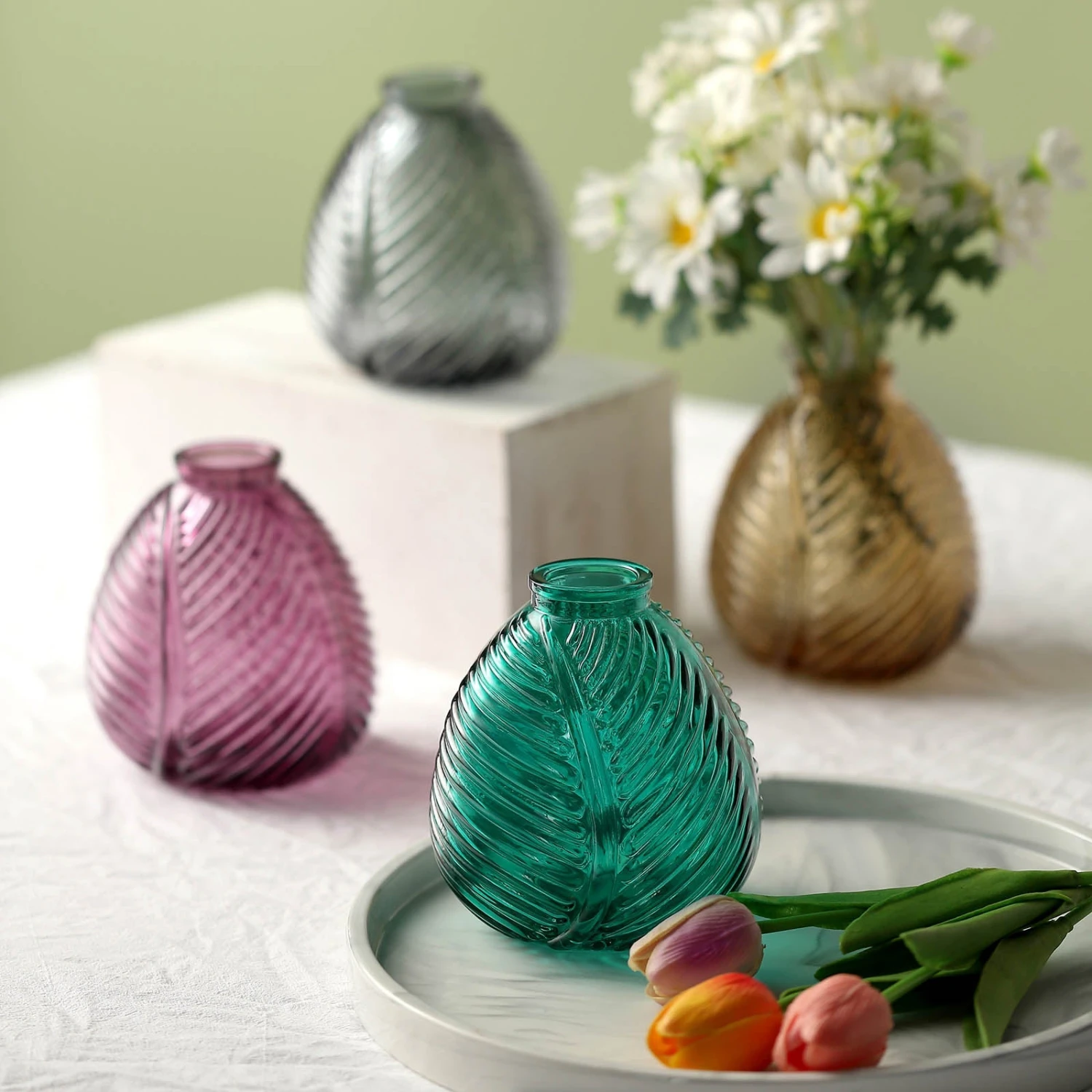 4 Pack Embossed Glass Bud Vases, Round Embossed Leaf Flower Vases 5" 5 4 Pack Embossed Glass Bud Vases, Round Embossed Leaf Flower Vases 5" - Image 5
