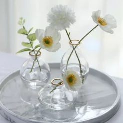 Set Of 3 | Small Clear Glass Flower Bud Table Centerpieces With Metallic Gold Rim, Modern Floral Vases – Assorted Sizes -Home Decor Promotional Store VASE RND 006 SET CLGD D03