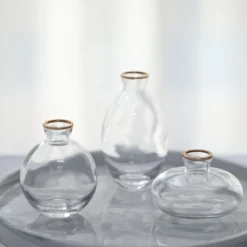 Set Of 3 | Small Clear Glass Flower Bud Table Centerpieces With Metallic Gold Rim, Modern Floral Vases – Assorted Sizes -Home Decor Promotional Store VASE RND 006 SET CLGD D04