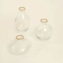 Set Of 3 | Small Clear Glass Flower Bud Table Centerpieces With Metallic Gold Rim, Modern Floral Vases – Assorted Sizes -Home Decor Promotional Store VASE RND 006 SET CLGD D09