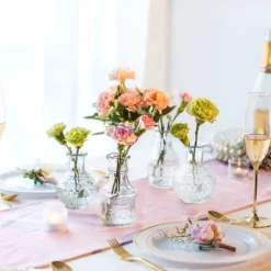 Set Of 4 | Clear Glass Antique Decorative Table Centerpieces, Assorted Vintage Mini Bud Flower Vases -Home Decor Promotional Store VASE RND 007 SET CLR D01