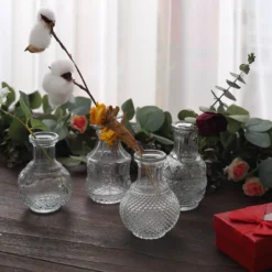 Set Of 4 | Clear Glass Antique Decorative Table Centerpieces, Assorted Vintage Mini Bud Flower Vases -Home Decor Promotional Store VASE RND 007 SET CLR D02