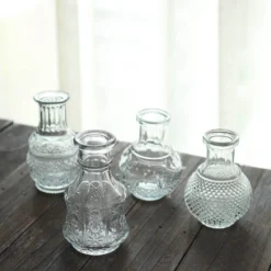 Set Of 4 | Clear Glass Antique Decorative Table Centerpieces, Assorted Vintage Mini Bud Flower Vases -Home Decor Promotional Store VASE RND 007 SET CLR D04