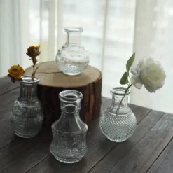 Set Of 4 | Clear Glass Antique Decorative Table Centerpieces, Assorted Vintage Mini Bud Flower Vases -Home Decor Promotional Store VASE RND 007 SET CLR D05
