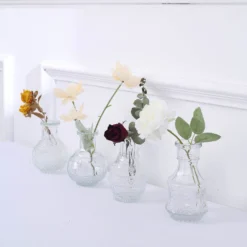 Set Of 4 | Clear Glass Antique Decorative Table Centerpieces, Assorted Vintage Mini Bud Flower Vases -Home Decor Promotional Store VASE RND 007 SET CLR D07