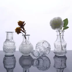 Set Of 4 | Clear Glass Antique Decorative Table Centerpieces, Assorted Vintage Mini Bud Flower Vases -Home Decor Promotional Store VASE RND 007 SET CLR D08