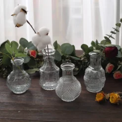 Set Of 4 | Clear Glass Antique Decorative Table Centerpieces, Assorted Vintage Mini Bud Flower Vases -Home Decor Promotional Store VASE RND 007 SET CLR D11