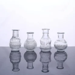 Set Of 4 | Clear Glass Antique Decorative Table Centerpieces, Assorted Vintage Mini Bud Flower Vases -Home Decor Promotional Store VASE RND 007 SET CLR D12
