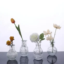 Set Of 4 | Clear Glass Antique Decorative Table Centerpieces, Assorted Vintage Mini Bud Flower Vases -Home Decor Promotional Store VASE RND 007 SET CLR D14