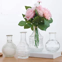 Set Of 4 | Clear Glass Antique Decorative Table Centerpieces, Assorted Vintage Mini Bud Flower Vases
