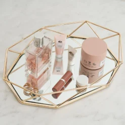 Gold Metal Geometric Mirrored Serving Tray, Octagon Vanity Decorative Tray - 14"x9" -Home Decor Promotional Store Vanitytrey2020 D02