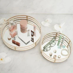 Set Of 2 | Gold Metal Round Mirror Vanity Serving Tray, Decorative Tray - 13" | 9" -Home Decor Promotional Store Vanitytrey2020 D05