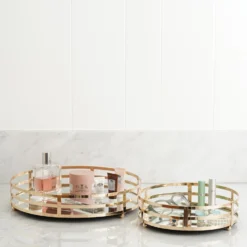 Set Of 2 | Gold Metal Round Mirror Vanity Serving Tray, Decorative Tray - 13" | 9" -Home Decor Promotional Store Vanitytrey2020 D06