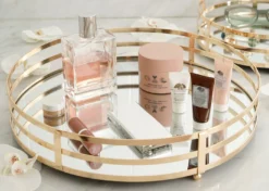 Set Of 2 | Gold Metal Round Mirror Vanity Serving Tray, Decorative Tray - 13" | 9" -Home Decor Promotional Store Vanitytrey2020 D13