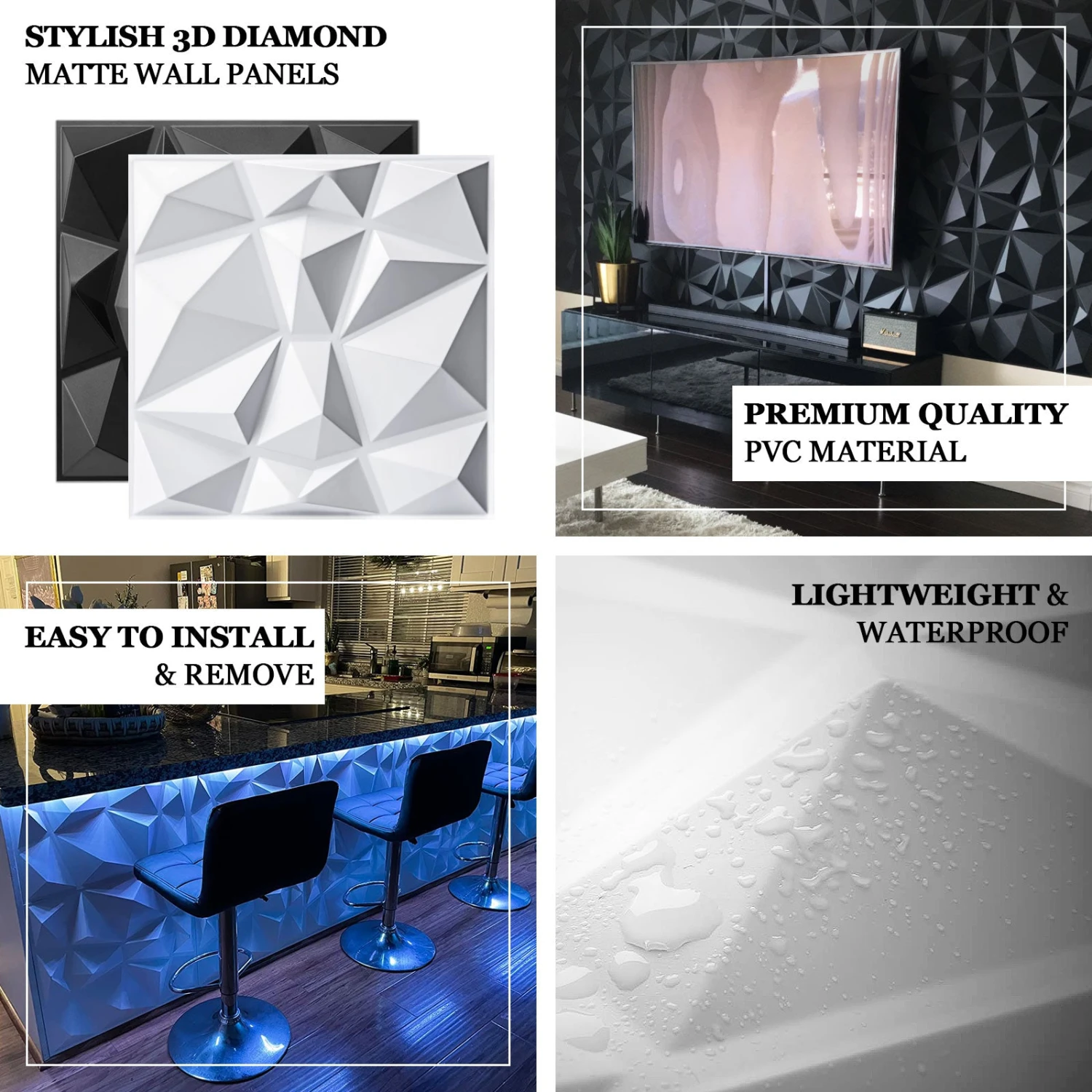 12 Pack Matte 3D Diamond Textured Stick On Wall Panels, PVC Waterproof Wall Tiles 20"X20" 2 12 Pack Matte 3D Diamond Textured Stick On Wall Panels, PVC Waterproof Wall Tiles 20"X20" - Image 2