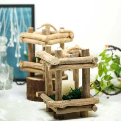 Rustic Multipurpose Wooden Lantern Centerpiece Hanging Candle Holder With Rope Handles