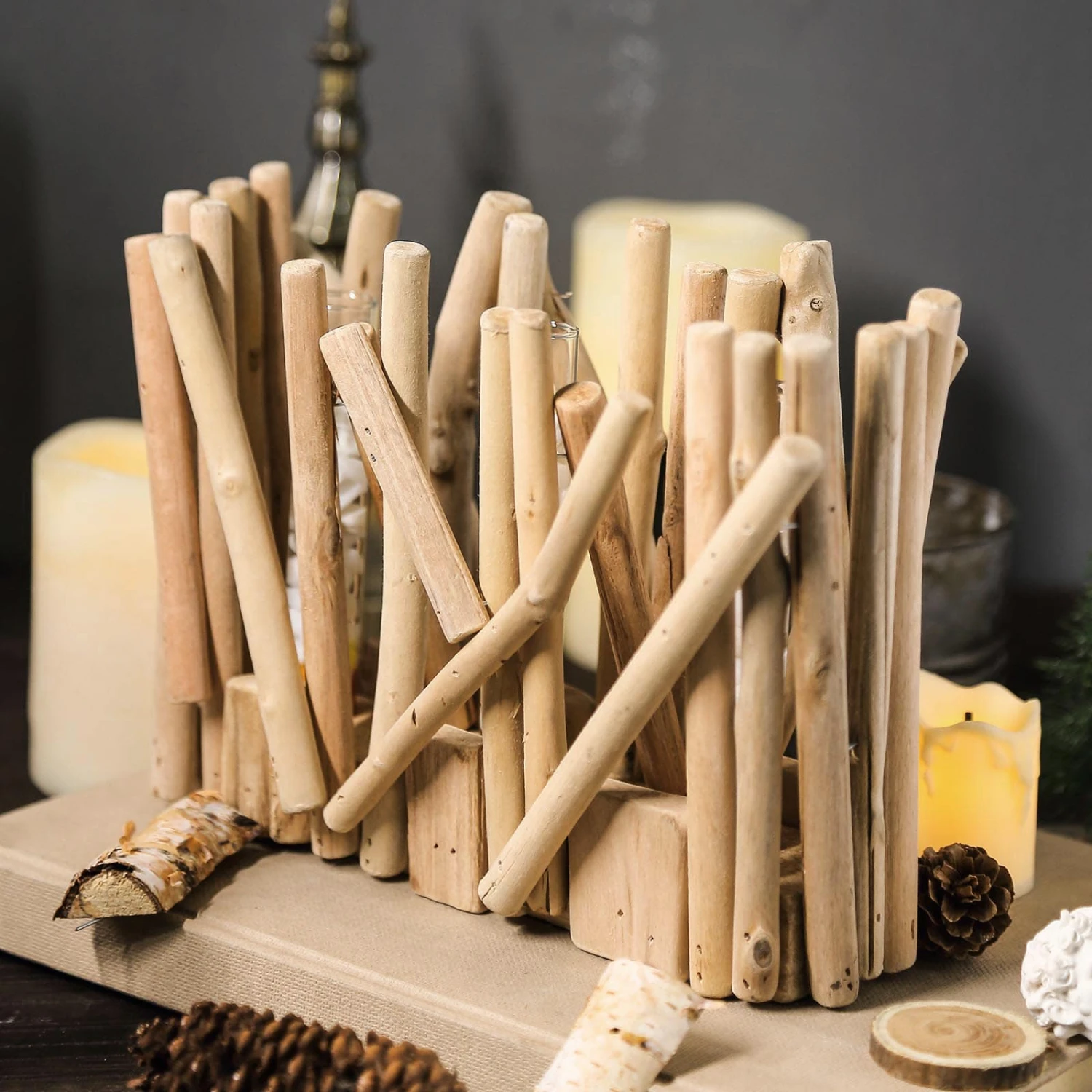 Natural Rectangle Driftwood Wooden Flower Vase With Glass Tubes, Cylinder Glass Hydroponic Vase 7" Tall 5" 7 Natural Rectangle Driftwood Wooden Flower Vase With Glass Tubes, Cylinder Glass Hydroponic Vase 7" Tall 5" - Image 7