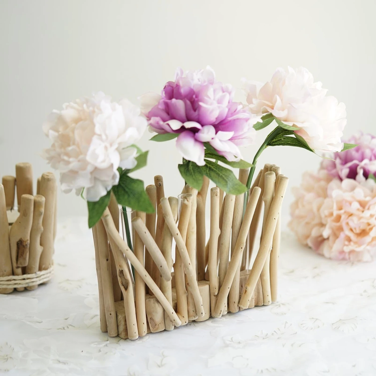 Natural Rectangle Driftwood Wooden Flower Vase With Glass Tubes, Cylinder Glass Hydroponic Vase 7" Tall 5" 1 Natural Rectangle Driftwood Wooden Flower Vase With Glass Tubes, Cylinder Glass Hydroponic Vase 7" Tall 5"