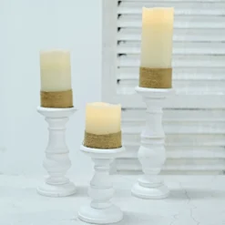 Set Of 3 | White Wooden Pillar Candle Holders, Rustic Candle Pedestals - 10", 8", 6" -Home Decor Promotional Store WOD CAND 015 SET WHT D02