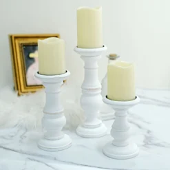 Set Of 3 | White Wooden Pillar Candle Holders, Rustic Candle Pedestals - 10", 8", 6"