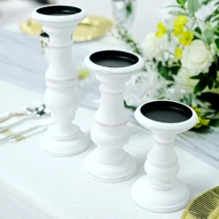 Set Of 3 | White Wooden Pillar Candle Holders, Rustic Candle Pedestals - 10", 8", 6" -Home Decor Promotional Store WOD CAND 015 SET WHT D05