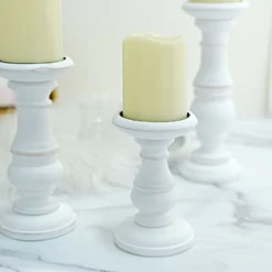 Set Of 3 | White Wooden Pillar Candle Holders, Rustic Candle Pedestals - 10", 8", 6" -Home Decor Promotional Store WOD CAND 015 SET WHT D06
