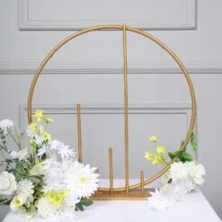 Gold Metal Round Floral Hoop Table Centerpiece With Pillars, Self Standing Balloon Arch Frame 24" -Home Decor Promotional Store WOD HOPMET9 24 GOLD D02