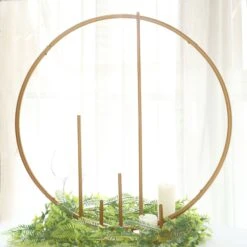 Gold Metal Round Floral Hoop Table Centerpiece With Pillars, Self Standing Balloon Arch Frame 24"