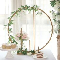 Gold Metal Round Floral Hoop Table Centerpiece With Pillars, Self Standing Balloon Arch Frame 24" -Home Decor Promotional Store WOD HOPMET9 24 GOLD 02