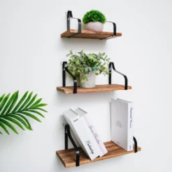 3 Pack | Wood/Metal Floating Wall Shelves Wall Mounted Shelf Set Decor