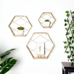 3 Pack Hexagonal Floating Wall Shelves, Decorative Geometric Wall Mounted Shelves - 9"|12"|14" -Home Decor Promotional Store WOD HOPSHLF HEX2 GOLD D01.progressive 1a3c6b23 01b9 4a7e a6d8 e19171957784