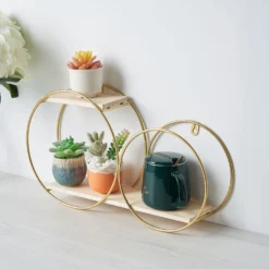 2-Tier Round Floating Shelf, Hanging Wall Shelf With Gold Double Hoop Design - 10"H X 18"L -Home Decor Promotional Store WOD HOPSHLF RND1 GOLD D02 a747b9a1 9f56 4b6c 9837 9cf0c33ba85e