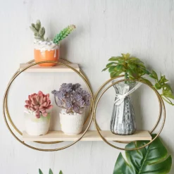 2-Tier Round Floating Shelf, Hanging Wall Shelf With Gold Double Hoop Design - 10"H X 18"L -Home Decor Promotional Store WOD HOPSHLF RND1 GOLD D04