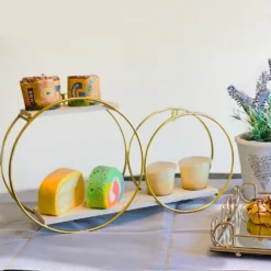 2-Tier Round Floating Shelf, Hanging Wall Shelf With Gold Double Hoop Design - 10"H X 18"L -Home Decor Promotional Store WOD HOPSHLF RND1 GOLD D07