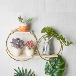 2-Tier Round Floating Shelf, Hanging Wall Shelf With Gold Double Hoop Design - 10"H X 18"L -Home Decor Promotional Store WOD HOPSHLF RND1 GOLD 02