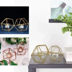Geometric Candle Holder Set - Linked Metal Geometric Centerpieces With Votive Glass Holders 11" -Home Decor Promotional Store dFuB3osQ