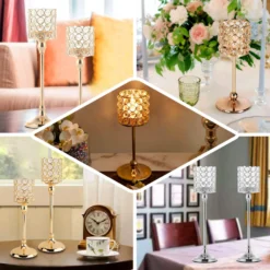 Set Of 3 | White Pearl Beaded Votive Candle Holders, Small Pillar Candle Stands - 12"|14"|16" -Home Decor Promotional Store dQWmtD g