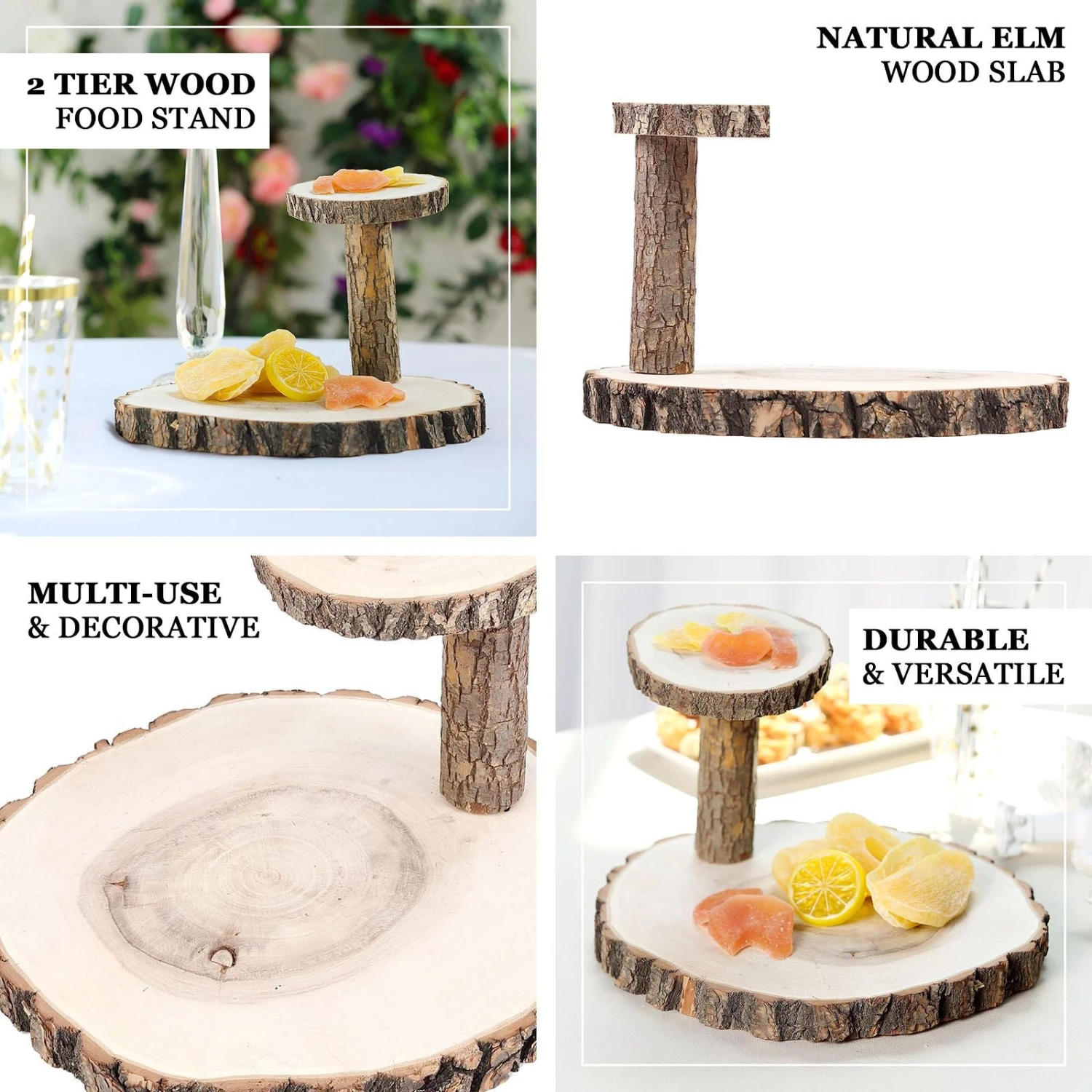 2-Tier Natural Elm Wood Slice Cheese Board Cupcake Stand, Rustic Centerpiece 8" 2 2-Tier Natural Elm Wood Slice Cheese Board Cupcake Stand, Rustic Centerpiece 8" - Image 2