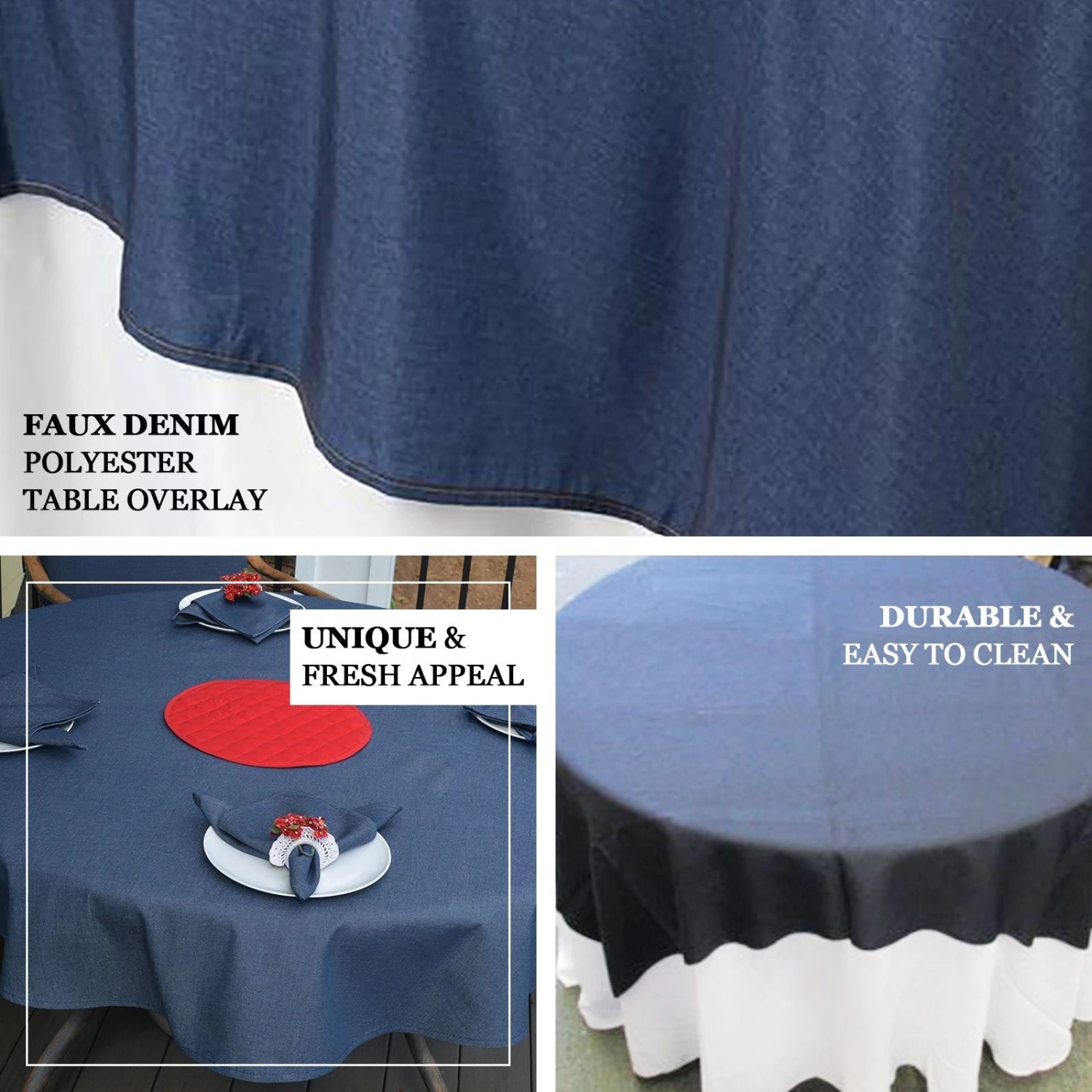 Dark Blue Faux Denim Polyester Table Overlays 2 Dark Blue Faux Denim Polyester Table Overlays - Image 2